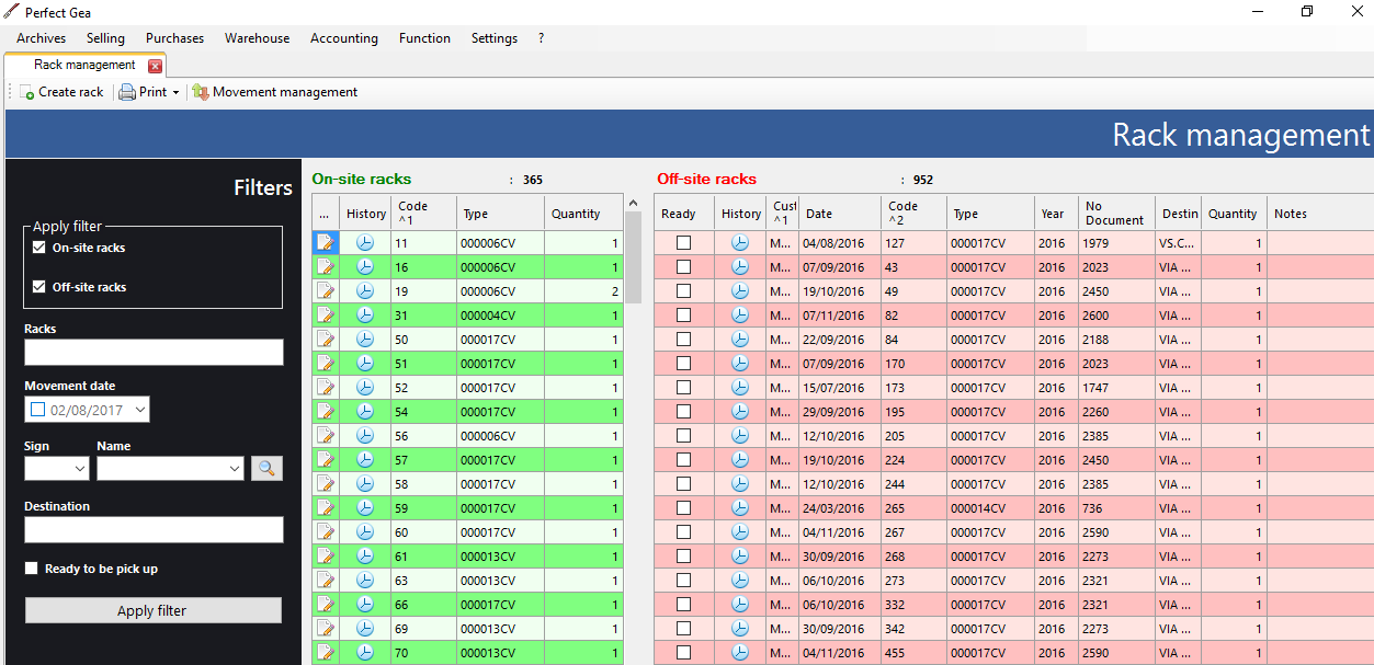 Racks management - Screenshot